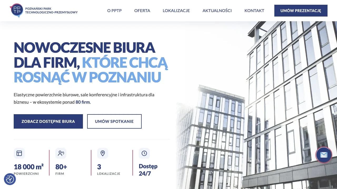 Strona główna PPTP z prezentacją parku, budynku i przyciskami wyboru biura oraz kontaktu