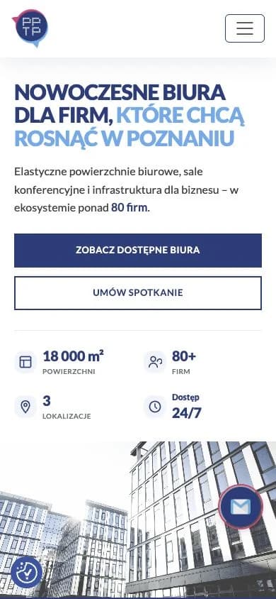Strona główna PPTP na telefonie z menu mobilnym i przyciskami wyboru biura oraz kontaktu
